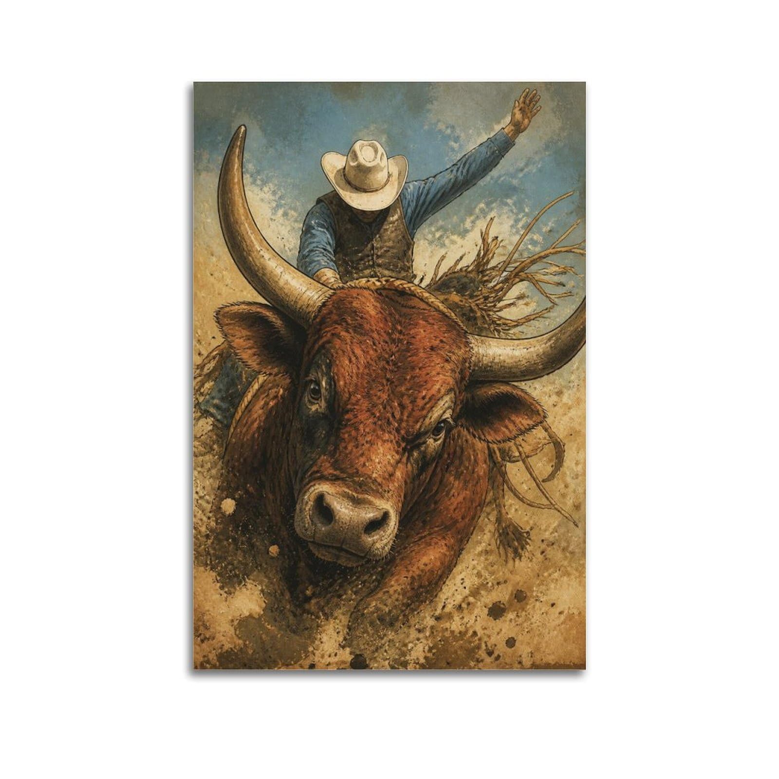 OKAHYS Extreme Southwestern Rodeo Bull Rider Poster Reddish Western Modern Decorative Canvas Prints - Ideal Wall Art for Family, Man Cave, Game Room, Boys & Girls Bedroom 16x24inch(40x60cm)