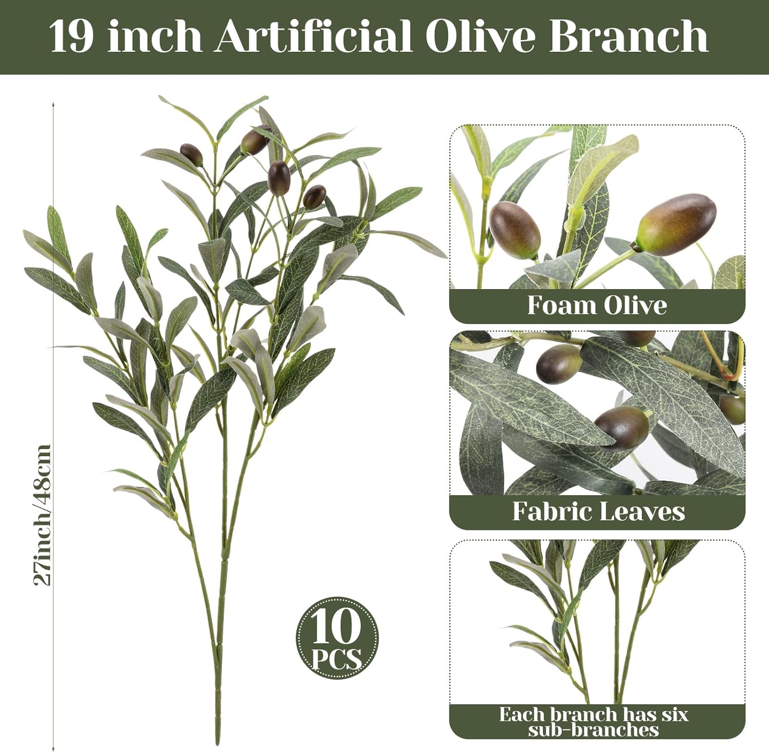 Norme 10 Pcs 19 Inch Artificial Olive Branches with Lifelike Olives for Vase Fake Greenery Olive Large Long Stems for Wedding Bouquet Table Centerpieces Home Decor DIY Floral Crafts