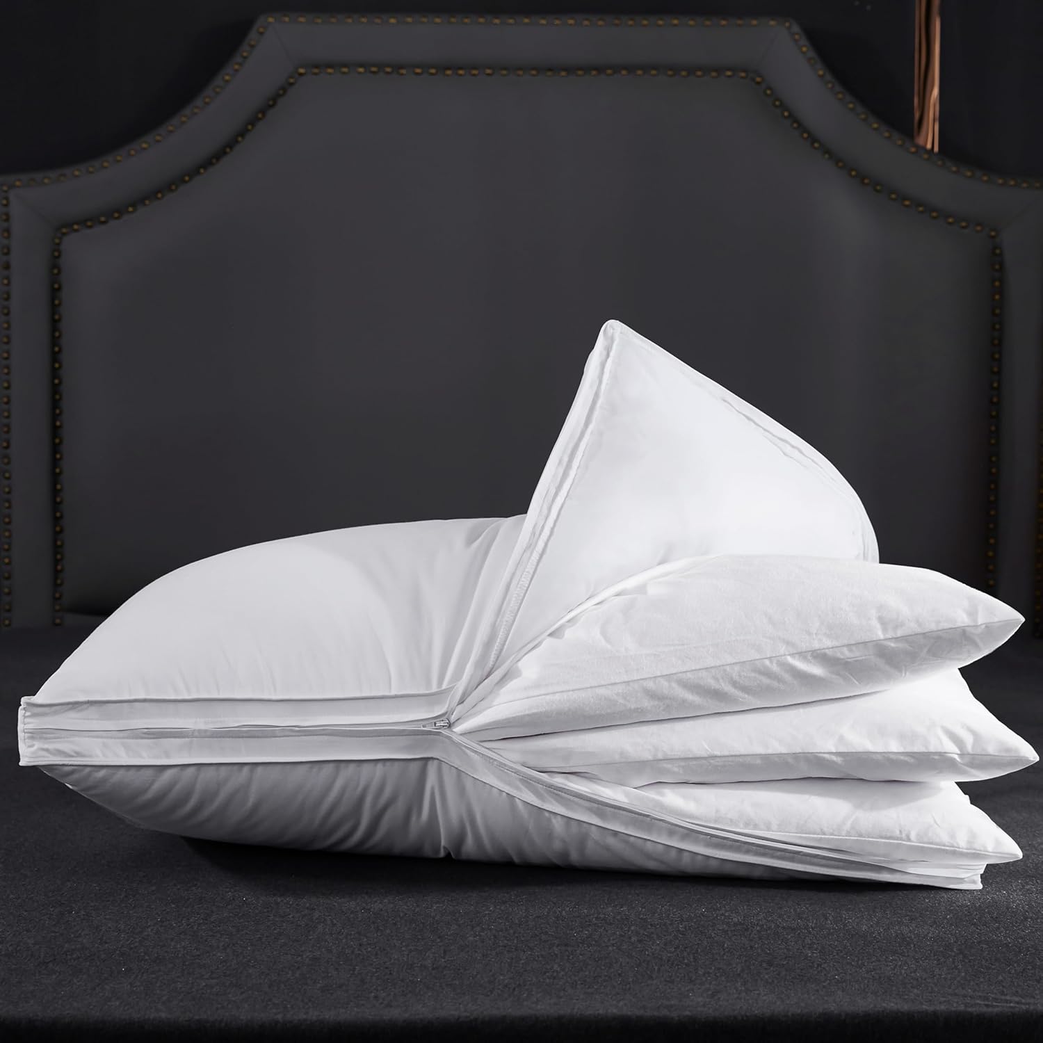 Three Geese Adjustable Layer Goose Feather Pillow Assemblable Bed Pillow 100 Soft Organic Cotton Cover Good for Side