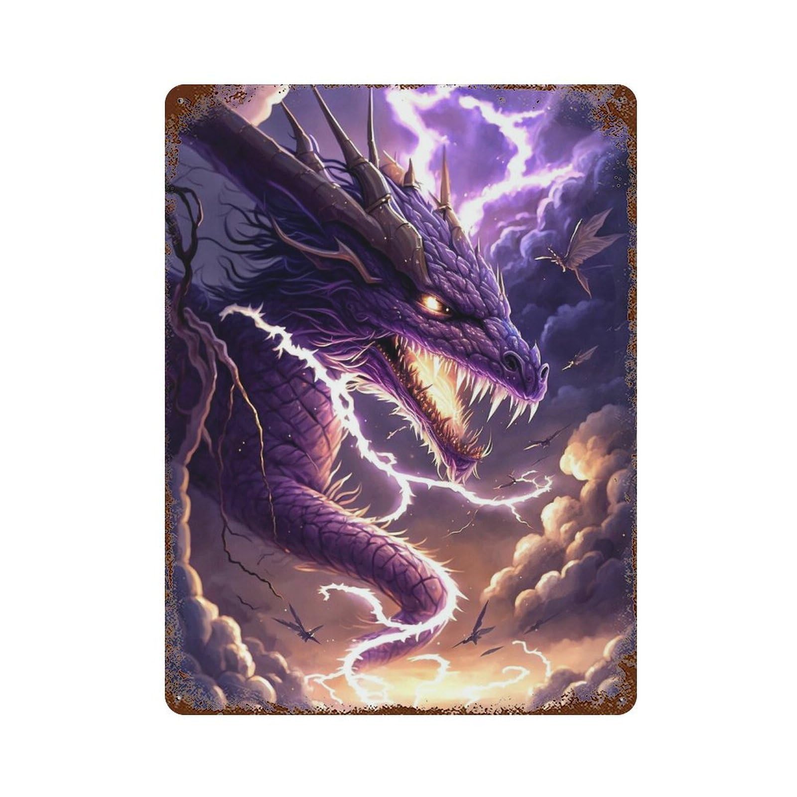 Garage Style Thundering Purple Dragon Artwork Rusty Metal Tin Sign 15.7"x11.8", Decorative Metal Wall Art for Bar And Workshop