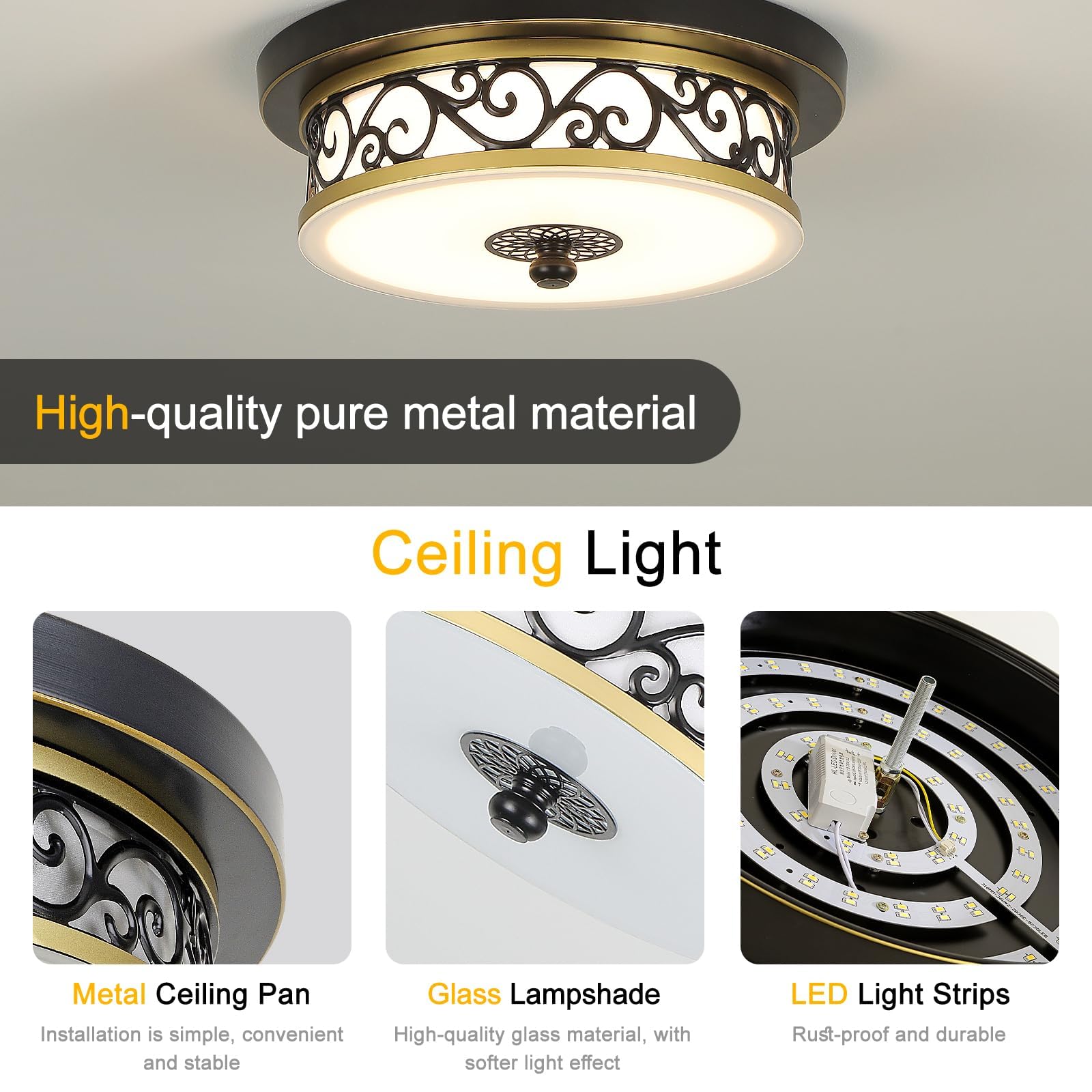 Plafoniera Soffitto Soggiorno Rotonda Vintage,Ø30*H10cm Plafoniera in Tessuto-Vetro,Nero Lampadario Soffitto Villa Piatta per Camera da Letto,Cucina e Sala da Pranzo,Luce Neutra 4500K.