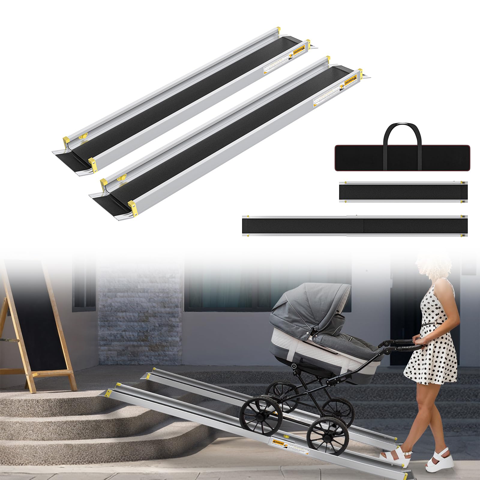 Froadp 2 x rampa dla wózków inwalidzkich do schodów, rampa teleskopowa do wózka inwalidzkiego, aluminiowa, rampa najazdowa do 300 kg, nośność 75,5-122 cm, regulowana rampa teleskopowa