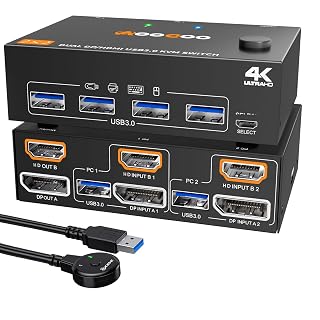 KVM Switch 2 Monitors 2 Computers 4K@60Hz,DP+HDMI USB3.0 Dual Monitor KVM Switches with 4 USB 3.0 Port,Wired Remote,USB3.0 Cables Included(4K60Hz 2 PC 2 Monitor KVM) - Amazon product rated Grade A