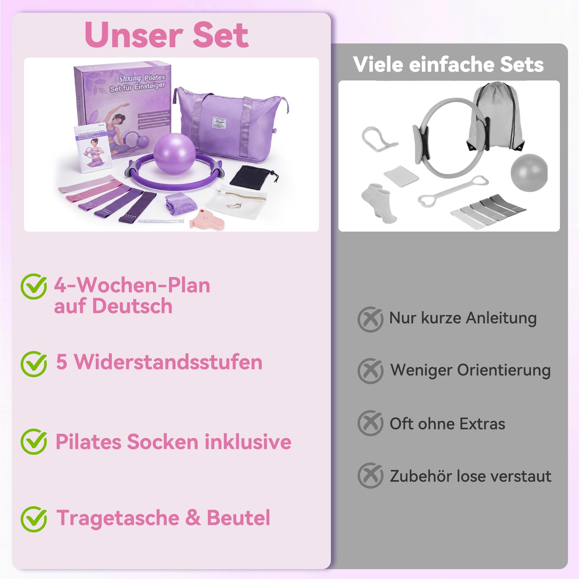 Pilates Set für Anfänger, für Fitness und Training zu Hause | Pilates Ring Set mit Ball, 5 Widerstandsbändern, Socken und 4-Wochen-Plan für Damen, Kraft, Balance und Beweglichkeit