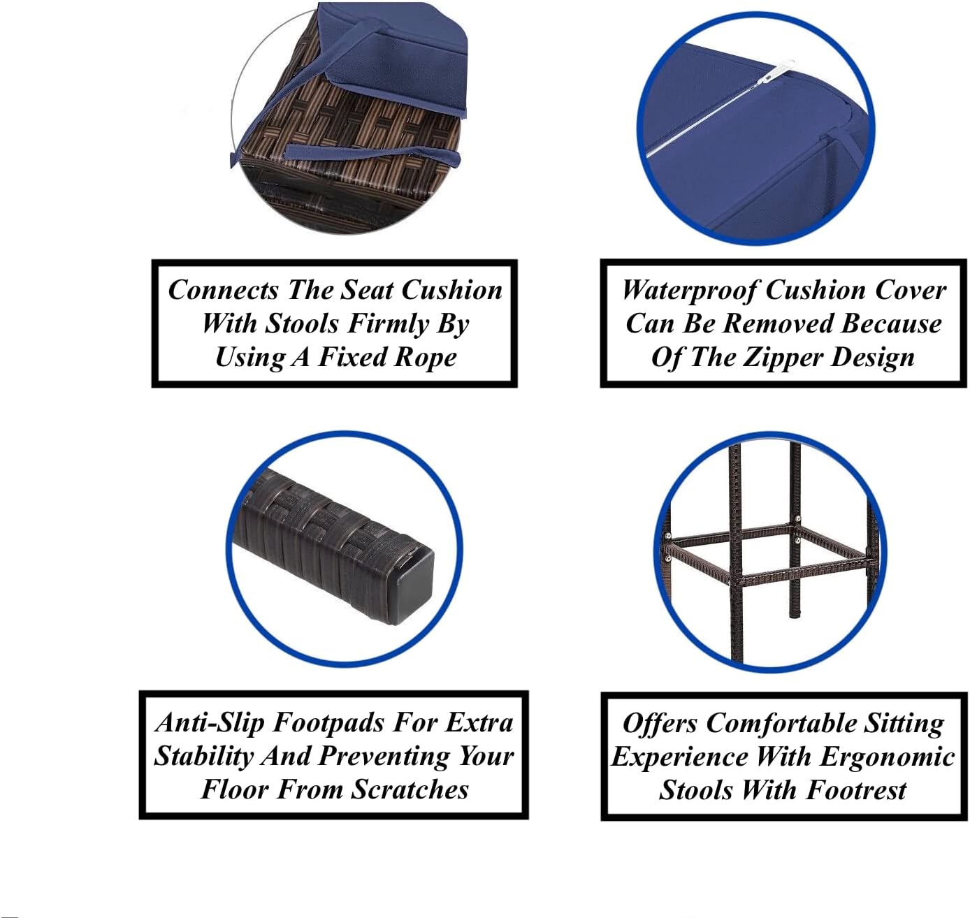 Navy Blue 5PCS Patio PE Rattan Bar Table Stool Set Bar Table With Hidden Storage Space 4 Ergonomic Stools With Footrest Comfortable Sitting With Soft Cushions Suitable For Poolside Garden Backyard Use