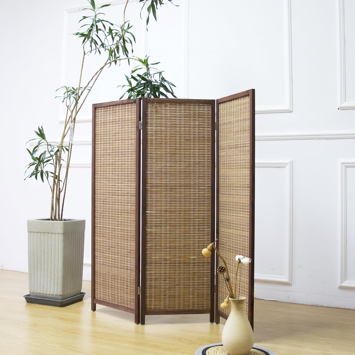 Photo 1 of Furnnylane 3 Panel Short Room Divider Screen,Brown Freestanding Partition,Small Bamboo Panel Divider for Room Seperation,3.95 FT Tall