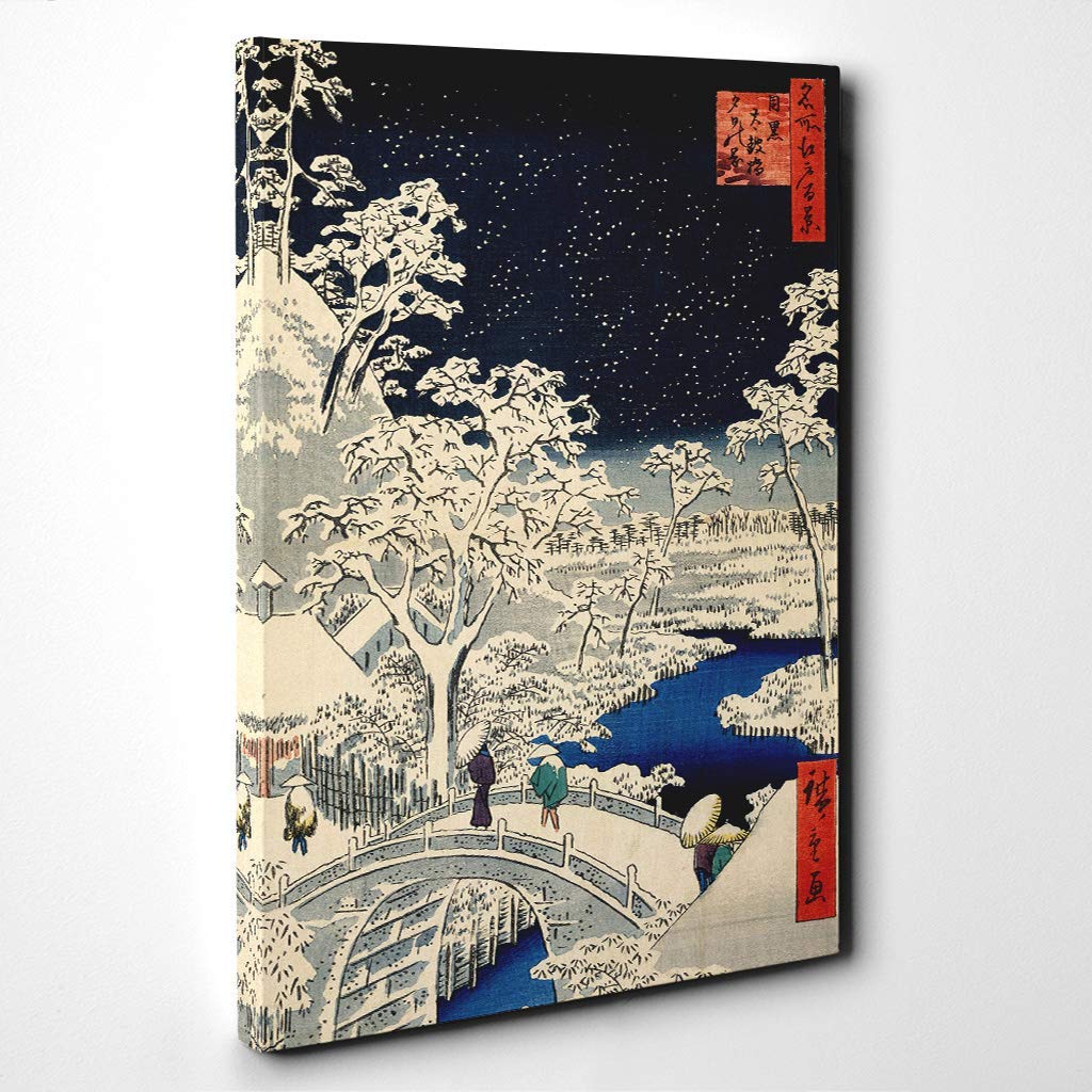 Hiroshige Japanese Oriental Bridge at Meguro Canvas Print | Gallery Wrapped 30mm Frame Wall Art | 24x16 inches | Ready to Hang | Asian Cityscape Picture | Living Room Bedroom Lounge Office