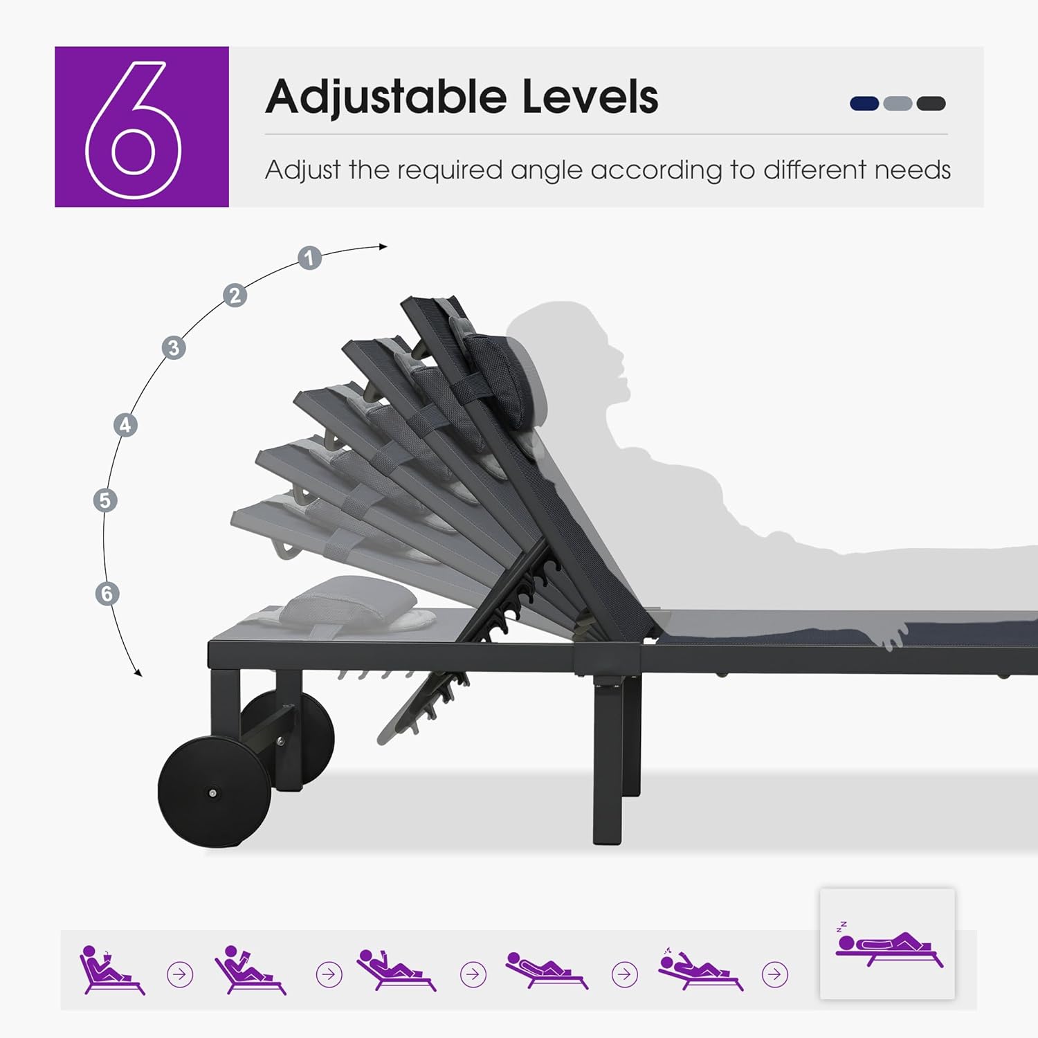 PURPLE LEAF Outdoor Tanning Lounge Chair Set with Face Hole Aluminum Adjustable Chairs Wheels Pillows and Table for Poolside Beach Patio Reclining Sunbathing Lounger Navy Blue