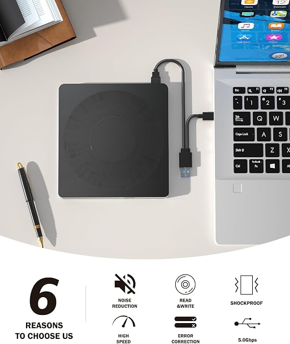 Wbacon External CD/DVD Drive for Laptop, 5 in 1 LightScribe DVD Burner