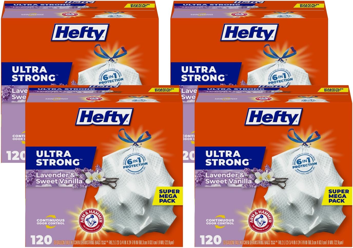 Hefty Ultra Strong Tall Kitchen Trash Bags, Lavender & Sweet Vanilla Scent, 13 Gallon, 120 CT (Pack of 1)