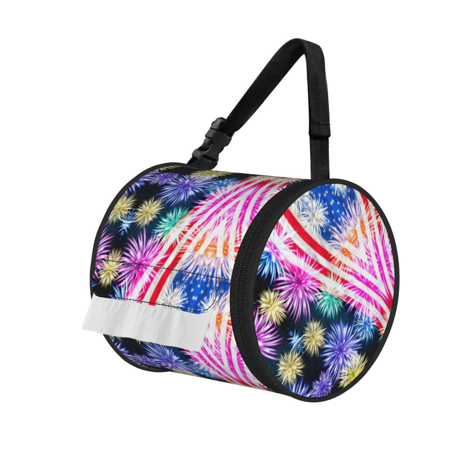 Patriotic 4th Of July American Flag Print Round Tissue Dispenser Bag With Carry Strap, Portable Roll Holder For Car Travel Home