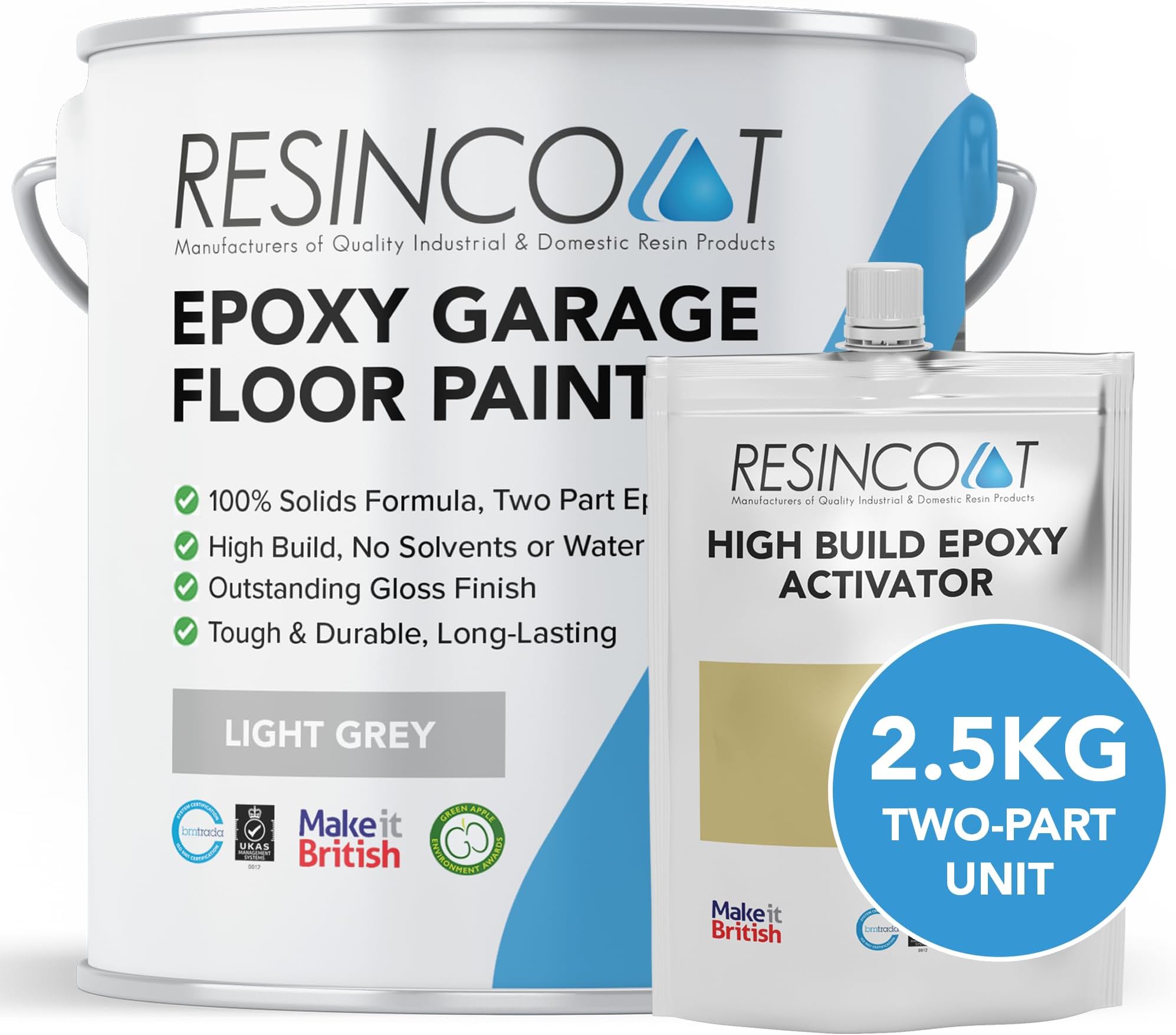 Resincoat High Build Epoxy Garage Floor Paint, Two-Part Epoxy Coating, High Gloss Finish, Solvent Free Formula, Tough & Durable Concrete Floor Paint, Made in the UK, Light Grey, 2.5kg