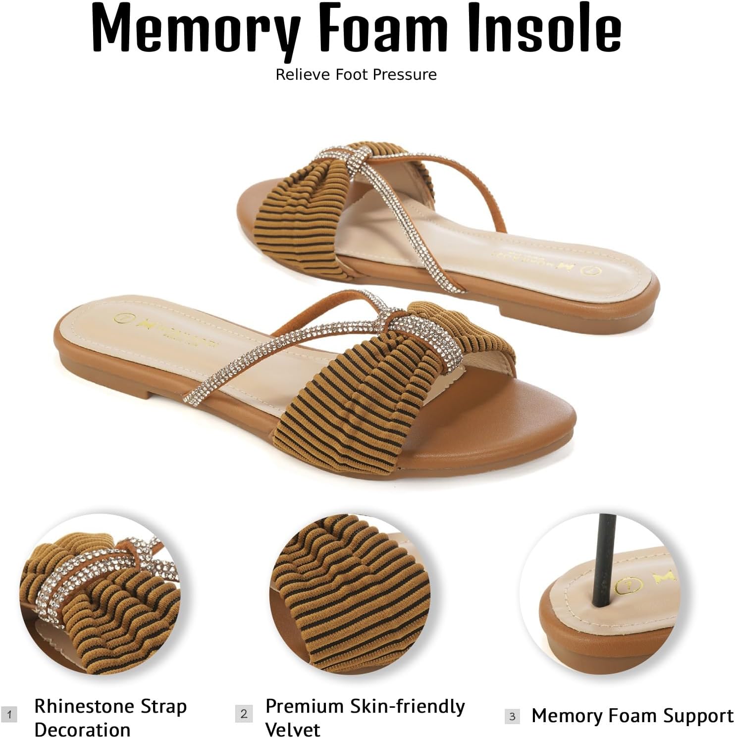 Women's Sandals Rhinestone Strappy Slides With Soft Memory Foam Insole, Dressy Open Toe Beach Slippers Flats for Summer image 4