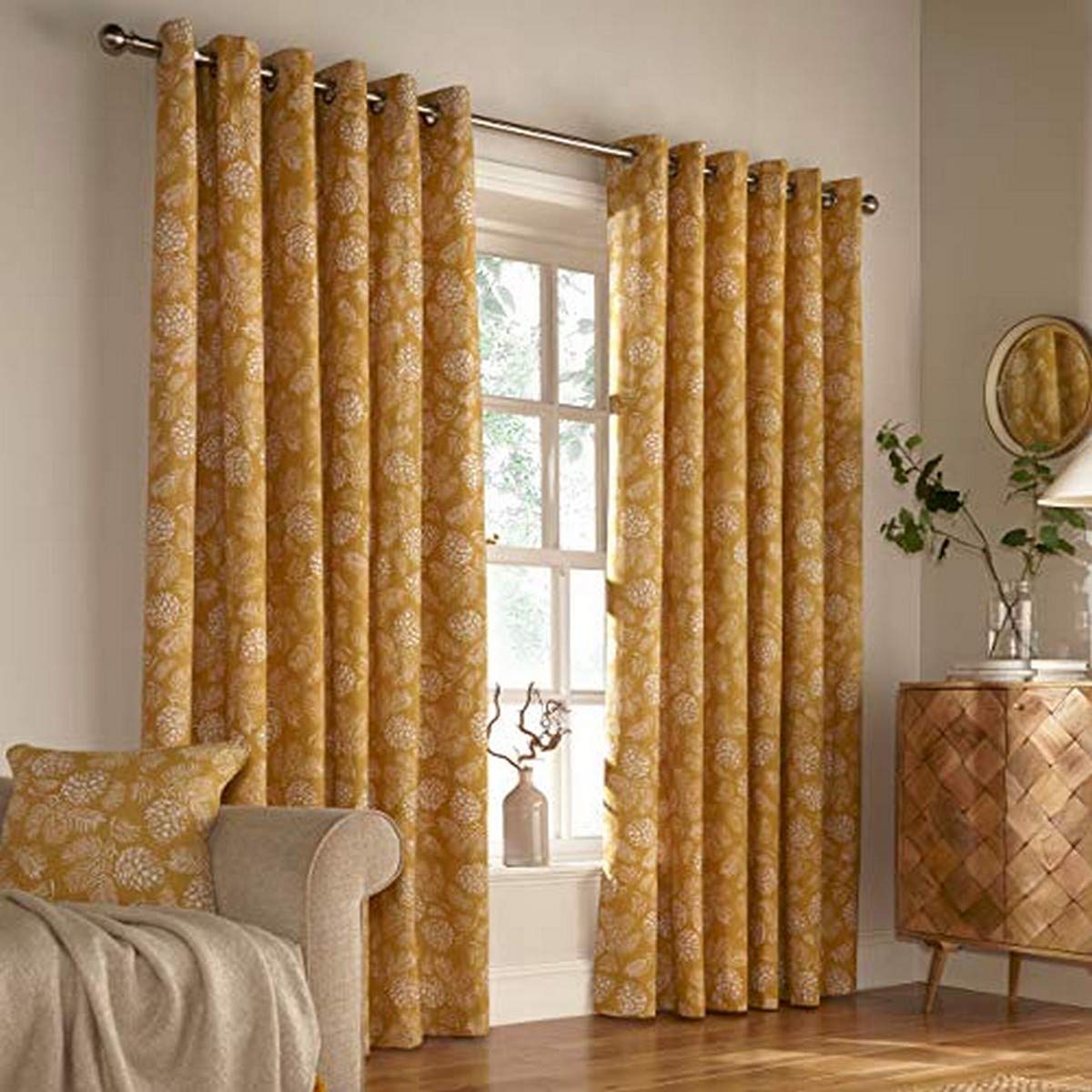Furn Irwin Ringtop Eyelet Curtains (Pair) -Ready Made-Polycotton-Mustard-168cm x 137cm (66" x 54" inches), Cotton, Mustard