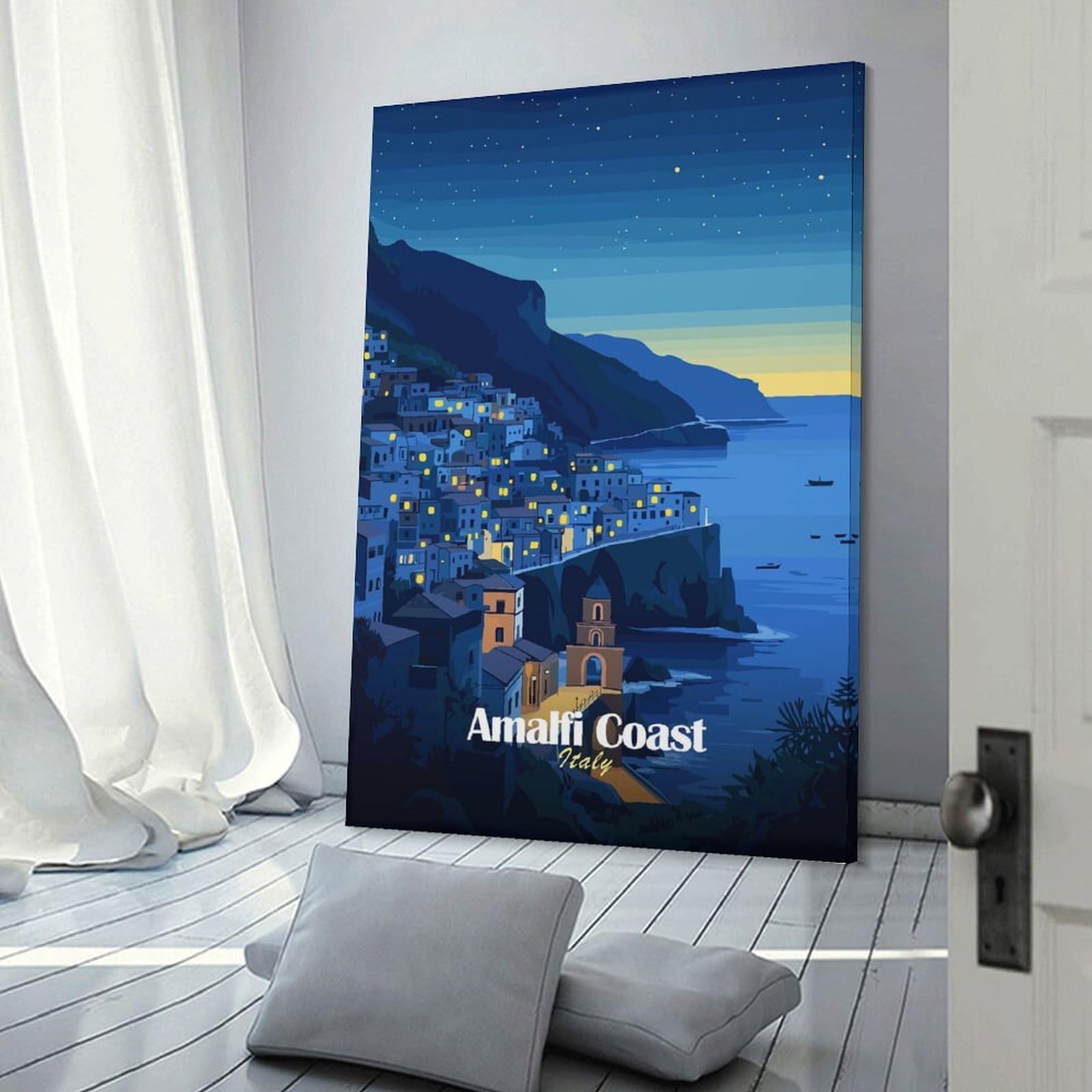 Junmoney Amalfi Coast Night View Decorative Wall Artwork, 24x36inch(60x90cm), for Corridors, Hallways Or Apartment Entries, Home Artwork for First Impressions