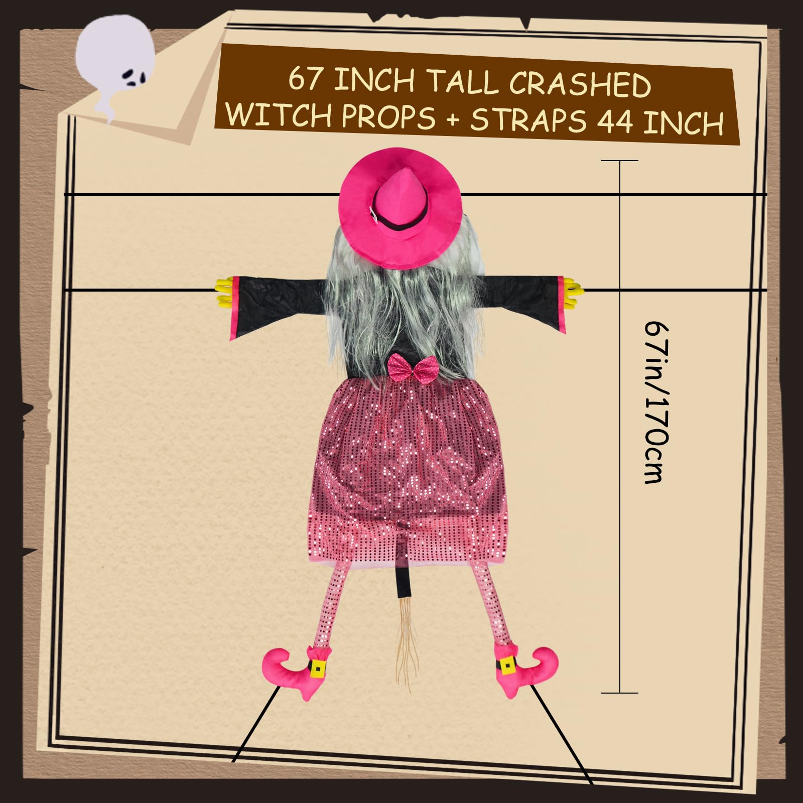 Mewcooss 67" Large Crashing Witch Halloween Decor - Pink Witch Halloween Decor Crashing into Tree Props Halloweens Flying Witches Decoration with Broom for Outdoor Backyard Garden & Lawn: Pink and Black