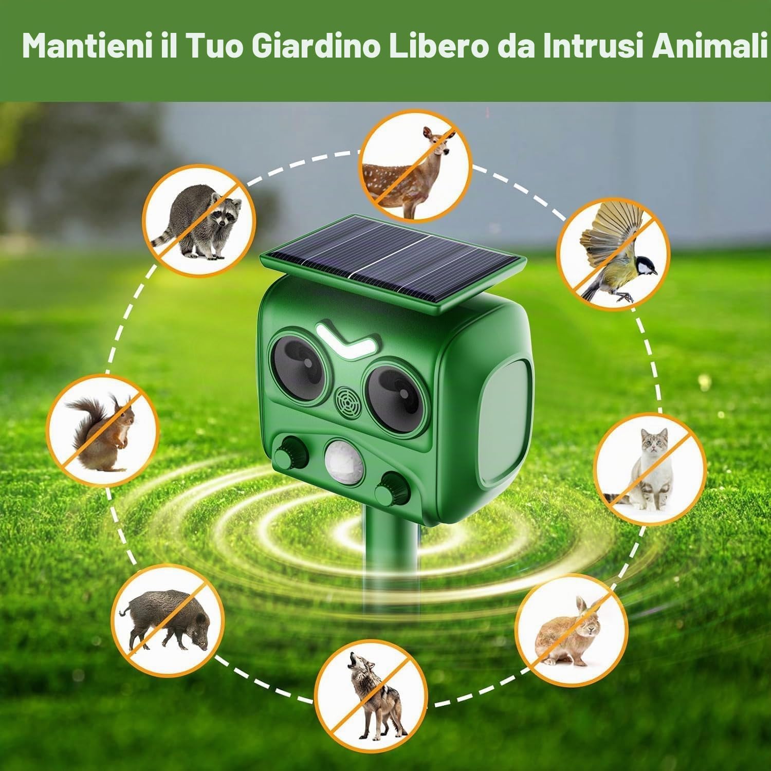 Ultrasonico Solare Alimentato Animale Deterrente,Sensore di Movimento e Luce Stroboscopica Impermeabile per Giardino,Cortile e Fattoria Allontana Volpi,Cani,Gatti,Uccelli e Ratti