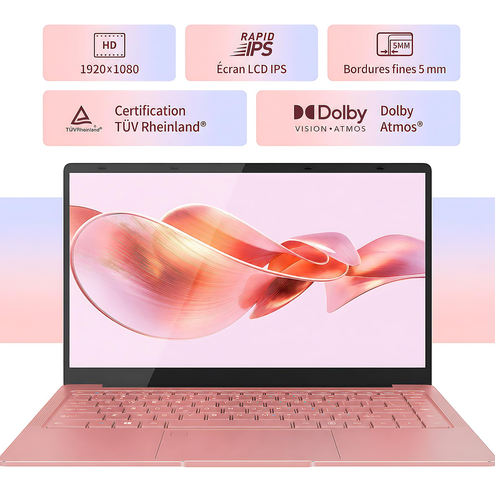 Ordinateur Portable 14 Pouces Léger, PC Portable Windows 11 Pro, Celeron J4105, 8 Go DDR4, Écran FHD IPS 1920x1080, WiFi 5G Bluetooth, Mini HDMI USB 3.0, Clavier AZERTY (Or Rose, 8+256G)