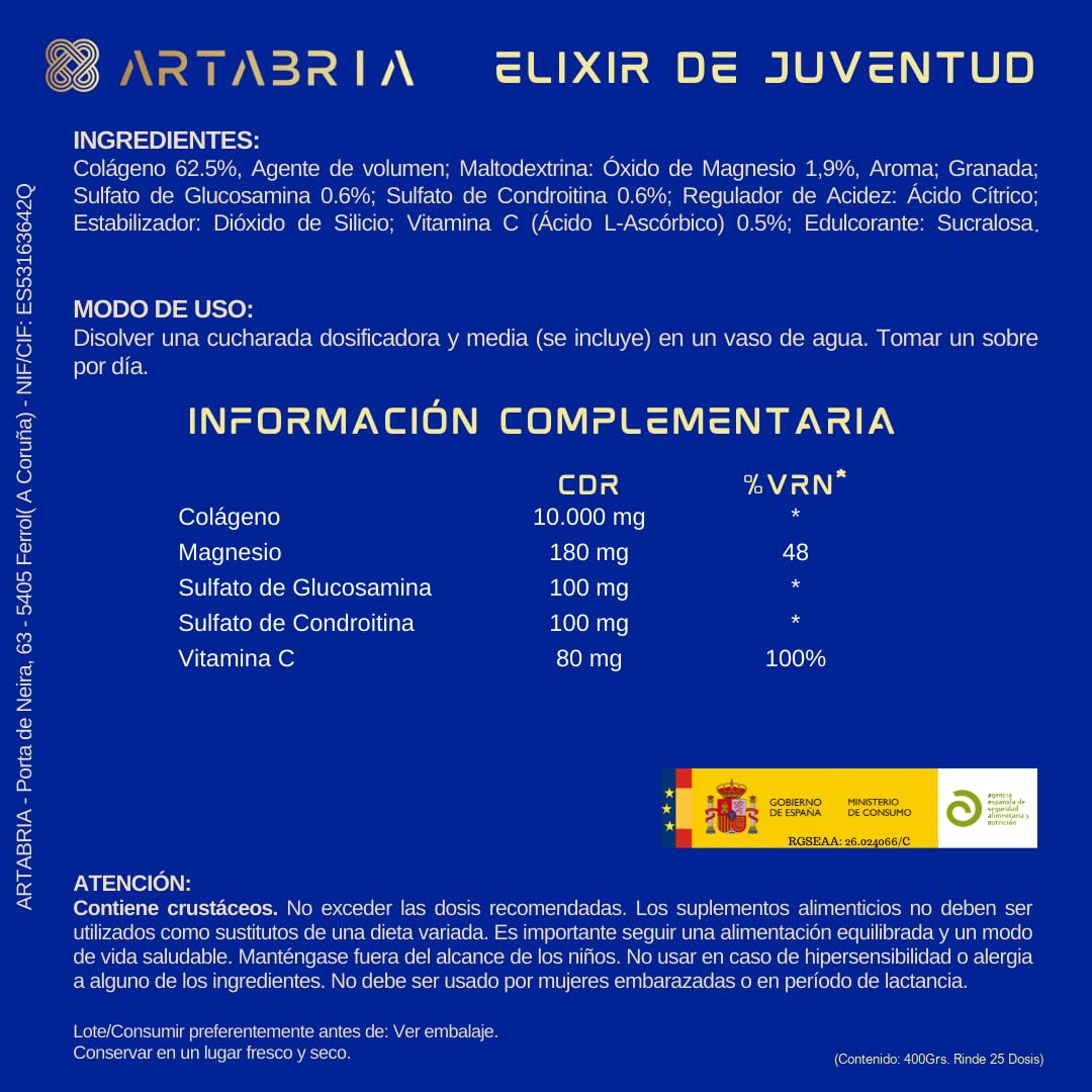 ELIXIR DE JUVENTUD ARTABRIA -COLAGENO ENRIQUECIDO CON VITAMINA C, MAGNESIO, GLUCOSAMINA Y CONDROITINA