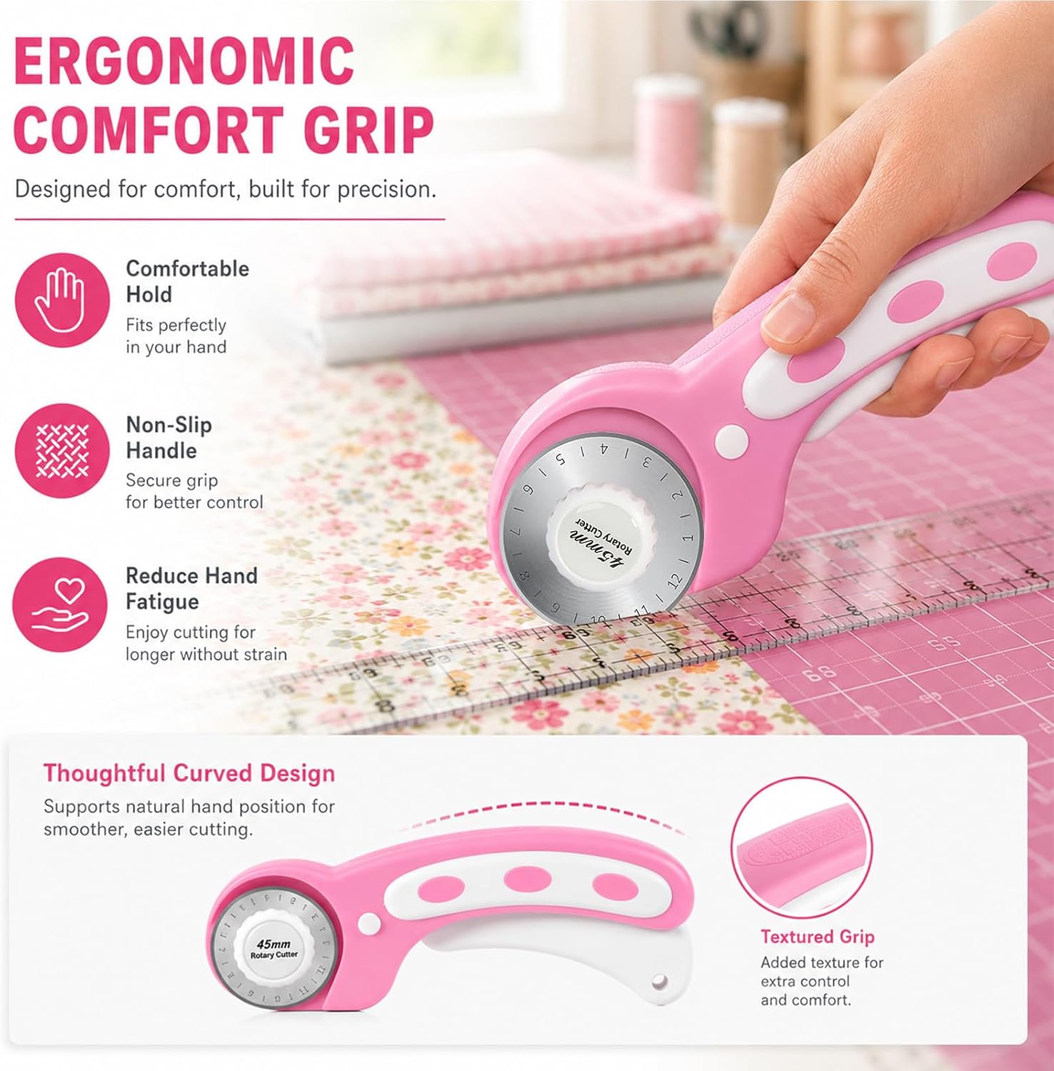 Rotary Cutter for Fabric with 5pcs Extra Rotary Blades, 45mm Rolling Fabric Cutter Set Crochet Edge Skip Stitch Blade Perforating Rotary Blade for Leather, Crafting, Sewing, and Quilting Fabric