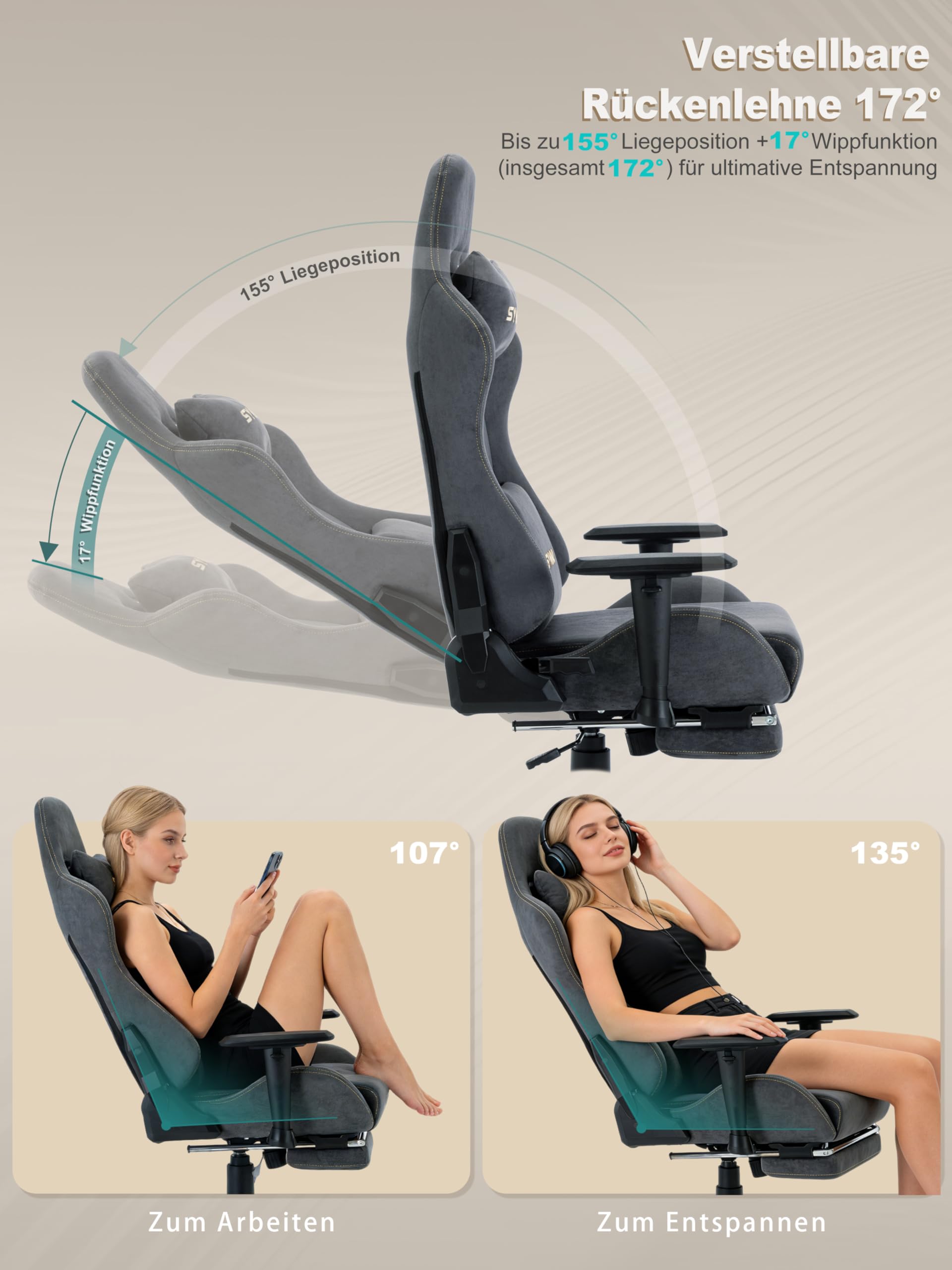 Symino Gaming Stuhl, Atmungsaktiver Bürostuhl aus Hochwertigem Stoff, So Weich Wie Pelz, Ergonomischer PC-Stuhl, Verstellbarer und Drehbarer Schreibtischstuhl mit Fußstütze, Grau | So Weich Wie Pelz, Ergonomischer PC-Stuhl, Verstellbarer und Drehbarer Sch