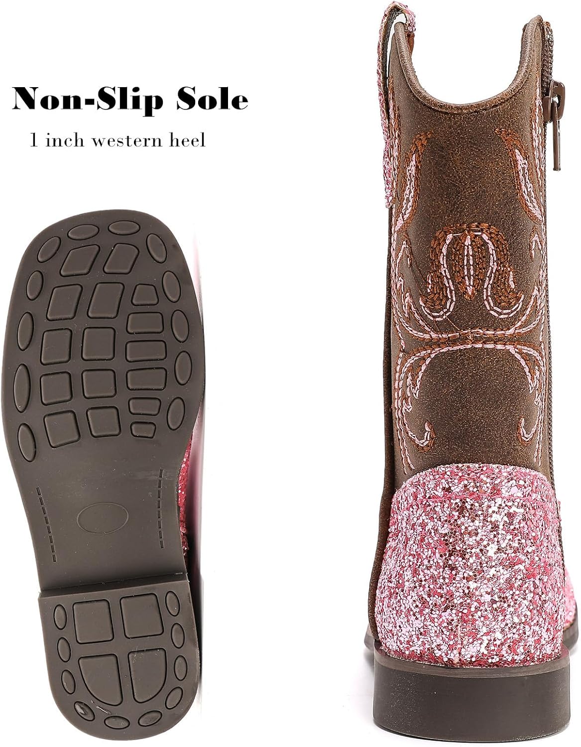DADAWEN Kids Glitter Square Toe Cowgirl Boots Cowboy Western Boots Boys Girls Mid Calf Riding Shoes With Side Zipper