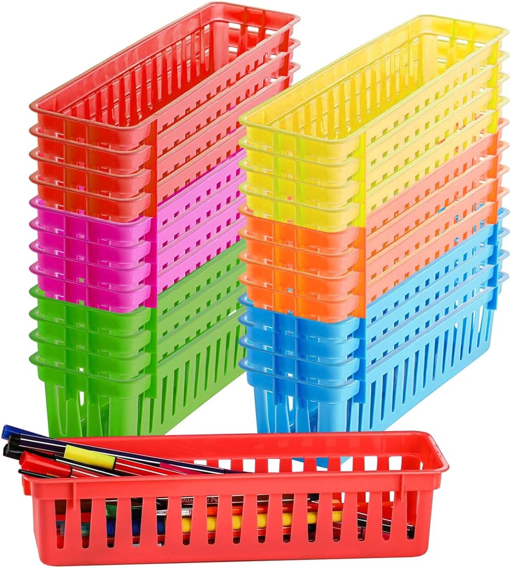 24 Pack Classroom Storage Baskets, 6 Rainbow Colors Small Pencil Holder Tray, Classroom Pencil Organizer Pencil Basket or Crayon Basket for School, Office, Home 10“x 2.8”x 2.4”