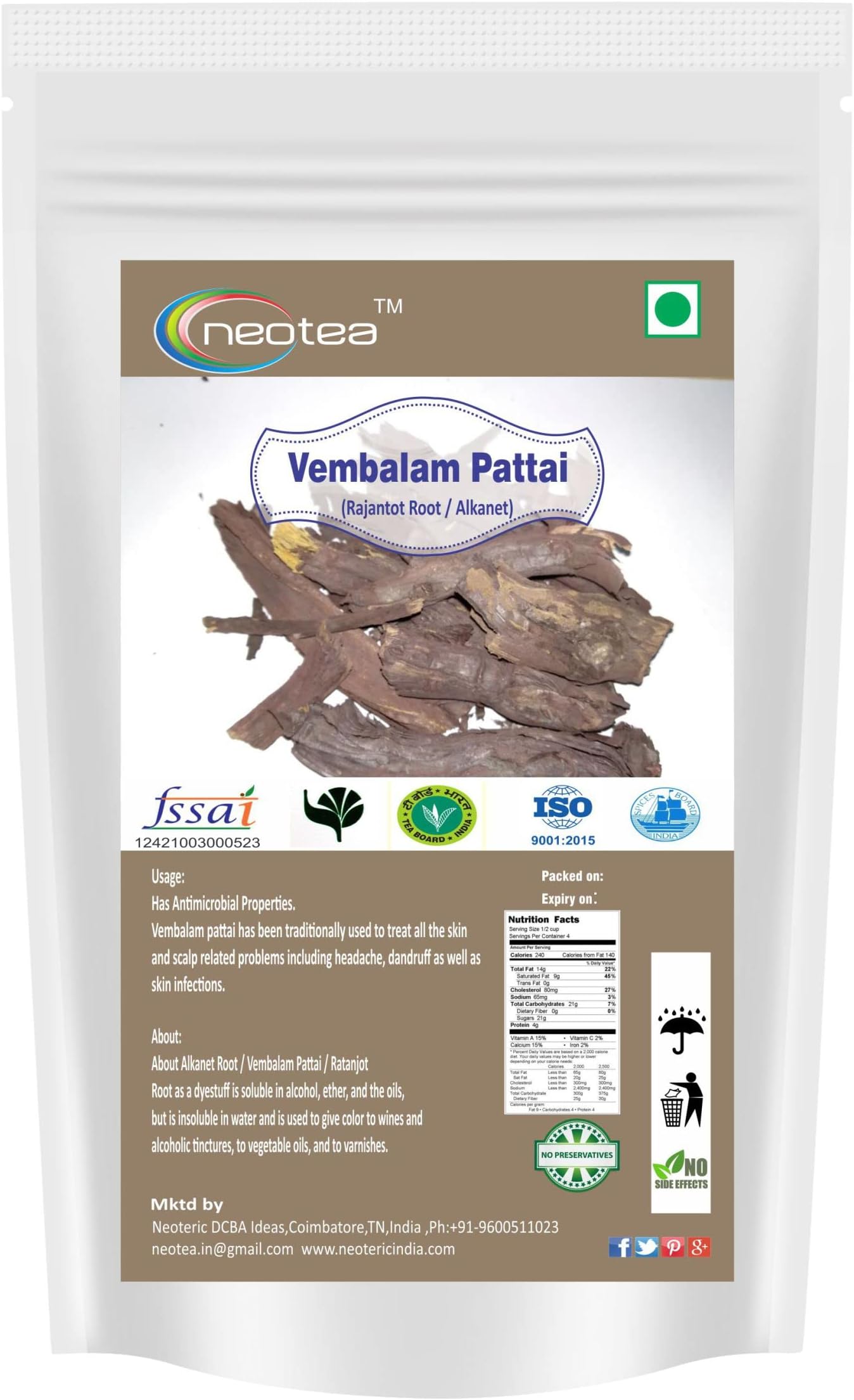 Neotea Ratan joot | Alkanet | Vembalam Pattai | (250gm) 8.81 OZ | Premium Vembalam Pattai (Indian Kino Bark) | Natural Herbal Remedy | 100% Pure, Dried, and Sun-Cured | Ideal for Ayurvedic Use,