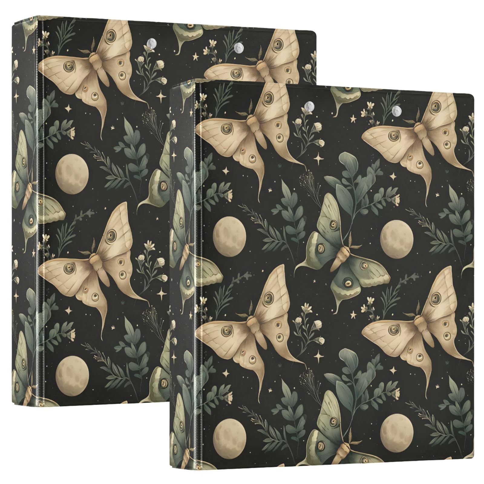 Moon Moth Green Boho 3 Ring Binder with 2 Interior Pockets 1.5 inch Binders 3 Ring Heavy Duty Fit 8.5" x 11" Letter Size for Office School, 2 Pack