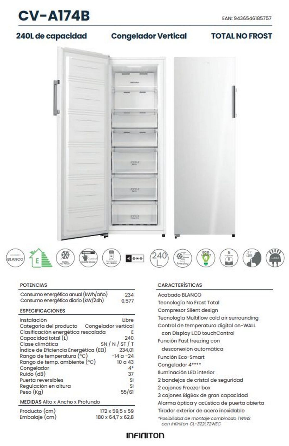 INFINITON Congelador Vertical CV-A174B, 240 Litros, 172 cm de Altura, No Frost Total, Fast freezing, Función Eco-Smart, Puerta reversibles, E, Blanco