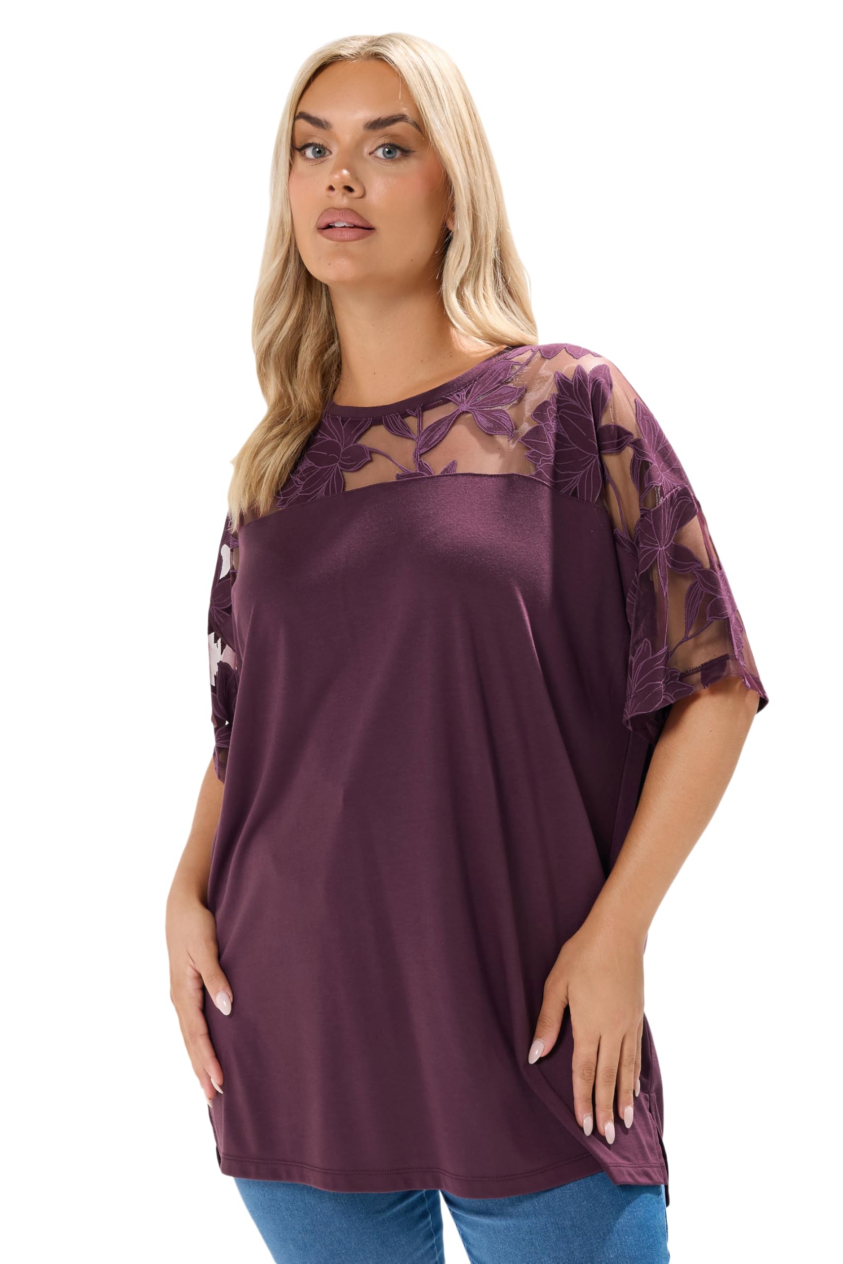 Yours Women's Purple Curve Floral Burnout Boxy T-Shirt - Plus Size Curve