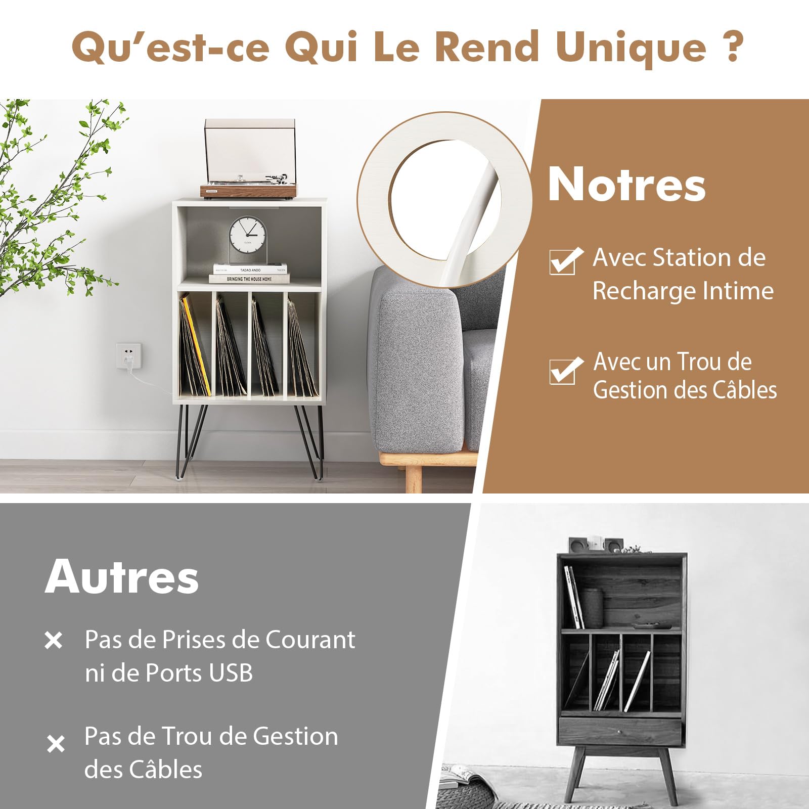 COSTWAY Meuble Tourne-Disque Vinyle avec Prise,Table d’Appoint avec Station de Charge,2 Prises,1 USB,1 Type-C,Pieds en Métal,Bout de Canapé,Support Tourne-Disque pour Salon Chambre (Blanc)