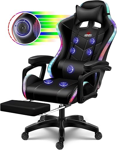 Silla ergonómica para juegos profesional con luces LED y altavoces silla de videojuegos con masaje y reposapiés silla de computadora de respaldo