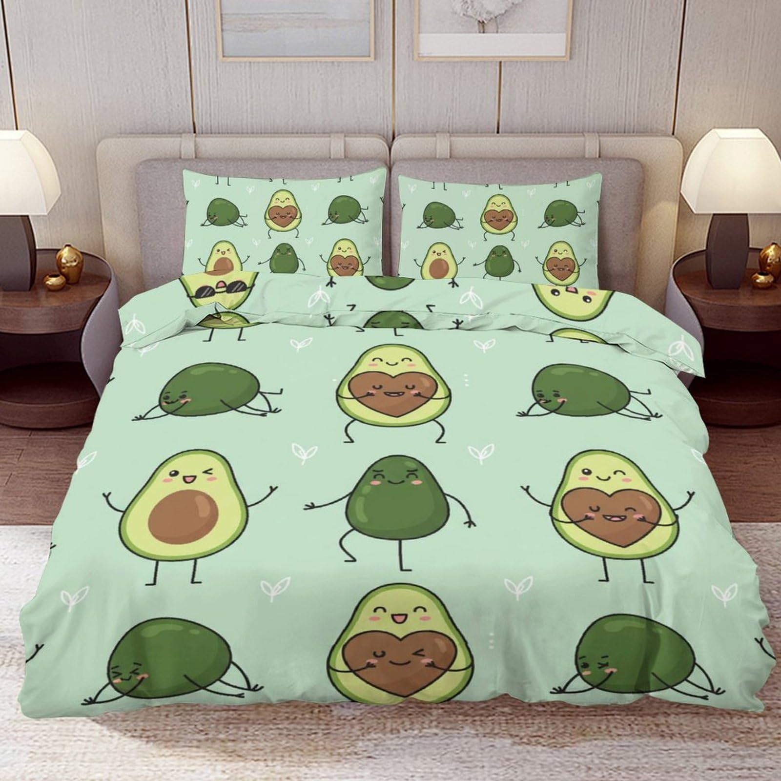 Delerain Comforter Cover Set Full Size, Kawaii Cartoon Avocado 3-Piece Bedding Set for Boys Girls Teens Modern Soft Microfiber Bedroom Set Room Decor, 1 Duvet Cover + 2 Pillowcases