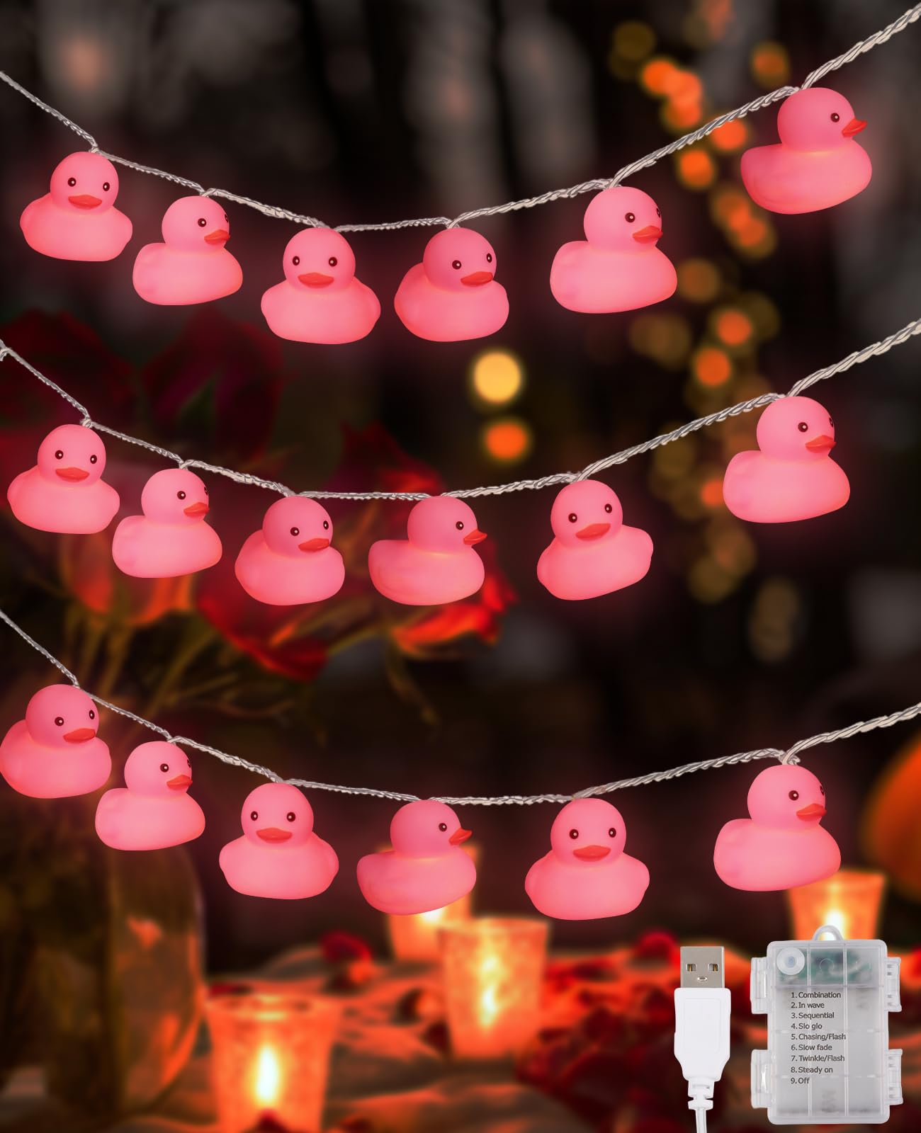 AceList Pink Rubber Ducks String Lights, 20 LED Valentines Rubber Duck Can Squeezable and Sound-Enabled, Jeep Ducks for Ducking Kids Room, Party,