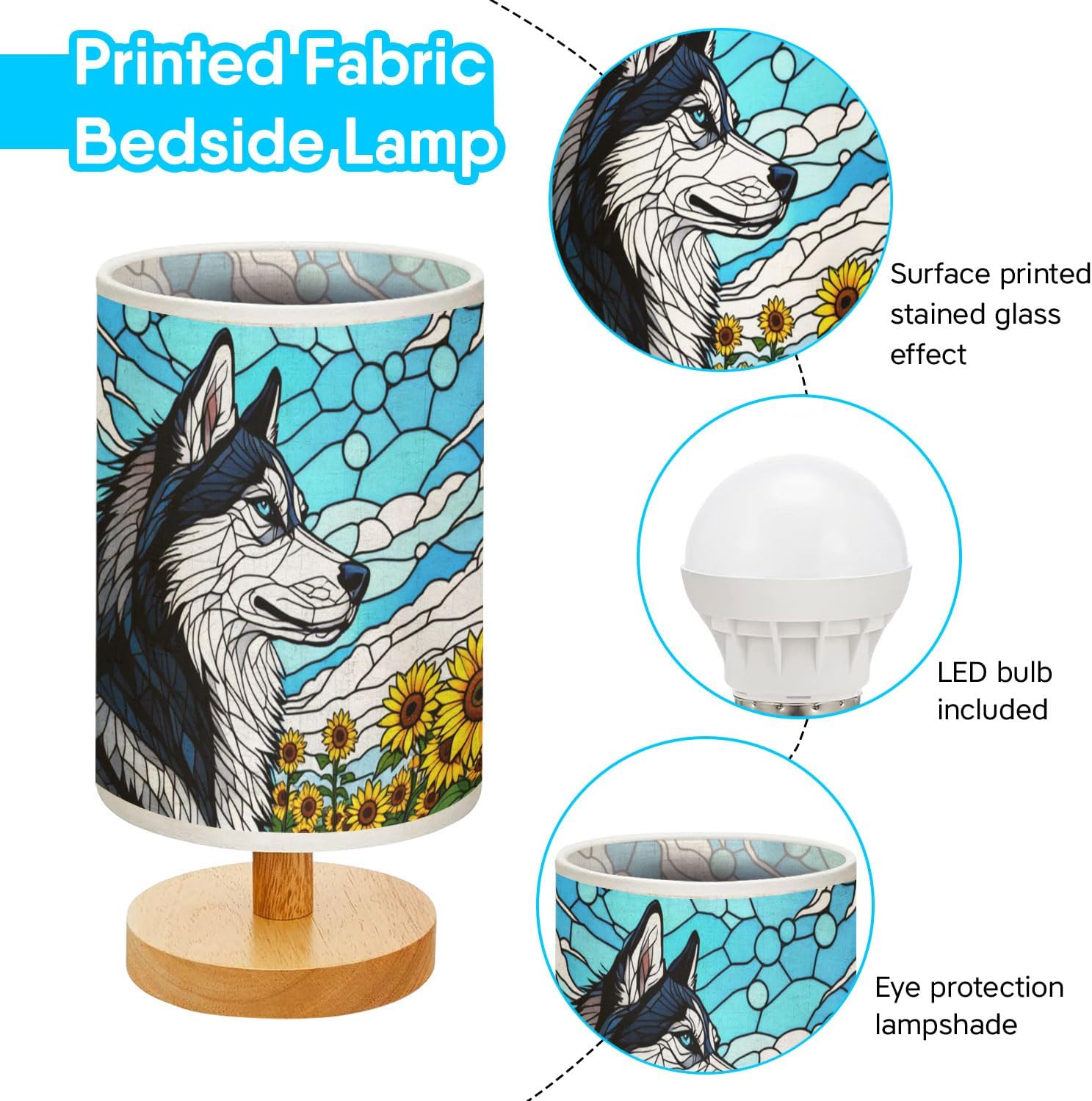 Siberian Husky Table Lamp LED 3-Color Pressed Bedside, Dog Shade Lamp with Wood Base for Bedroom Living Room Desk Office