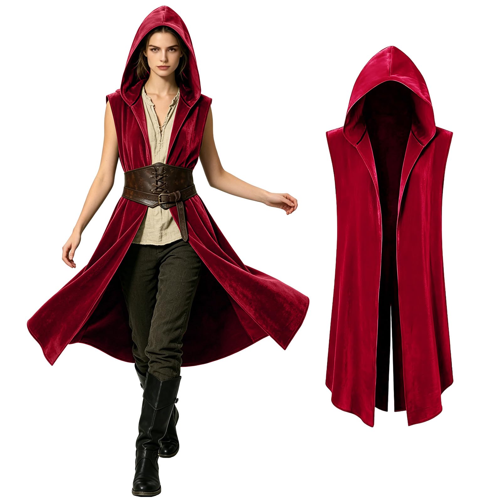 Medieval Hooded Vest for Women – Sleeveless Cloak Renaissance Tabard Tunic Viking Costume Halloween Assassin Cosplay Gothic Pirate Outfit for LARP Festival (Red, M)