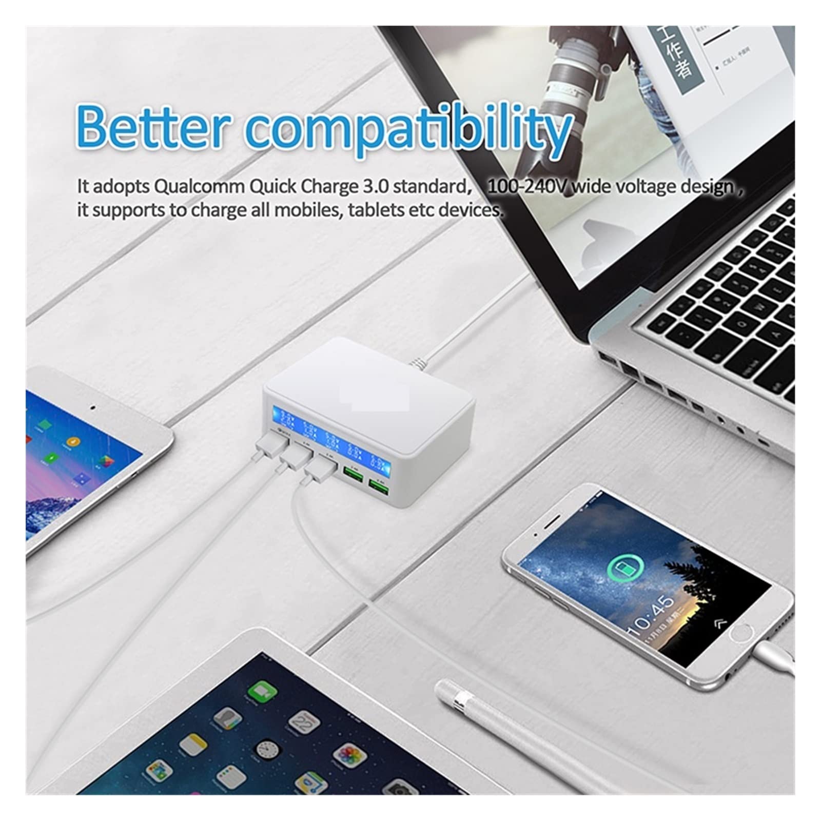 Wielofunkcyjna ładowarka USB, Stacja szybkiej ładowarki USB o mocy 50 W, szybkie ładowanie Port QC3.0,5 USB A ekran włączania/wyłączania ładowarka bezpieczeństwa do tabletu z telefonem