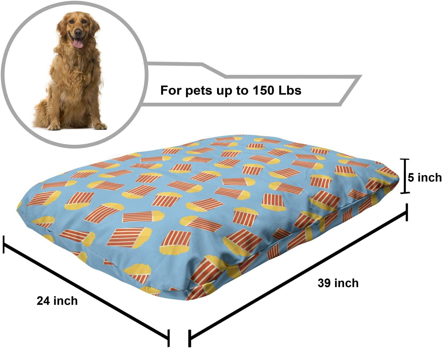 review Lunarable Yellow Striped Pet Bed, Movie Watching Themed Repetitive Cartoon Pop Corn Motifs, Chew Resistant Pad for Dogs and Cats Cushion with Removable Cover, 24