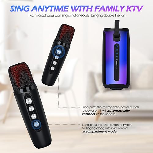 Miniatura 3 de Máquina de karaoke para niños, altavoz de karaoke portátil con 2 micrófonos para exterioresinteriores.