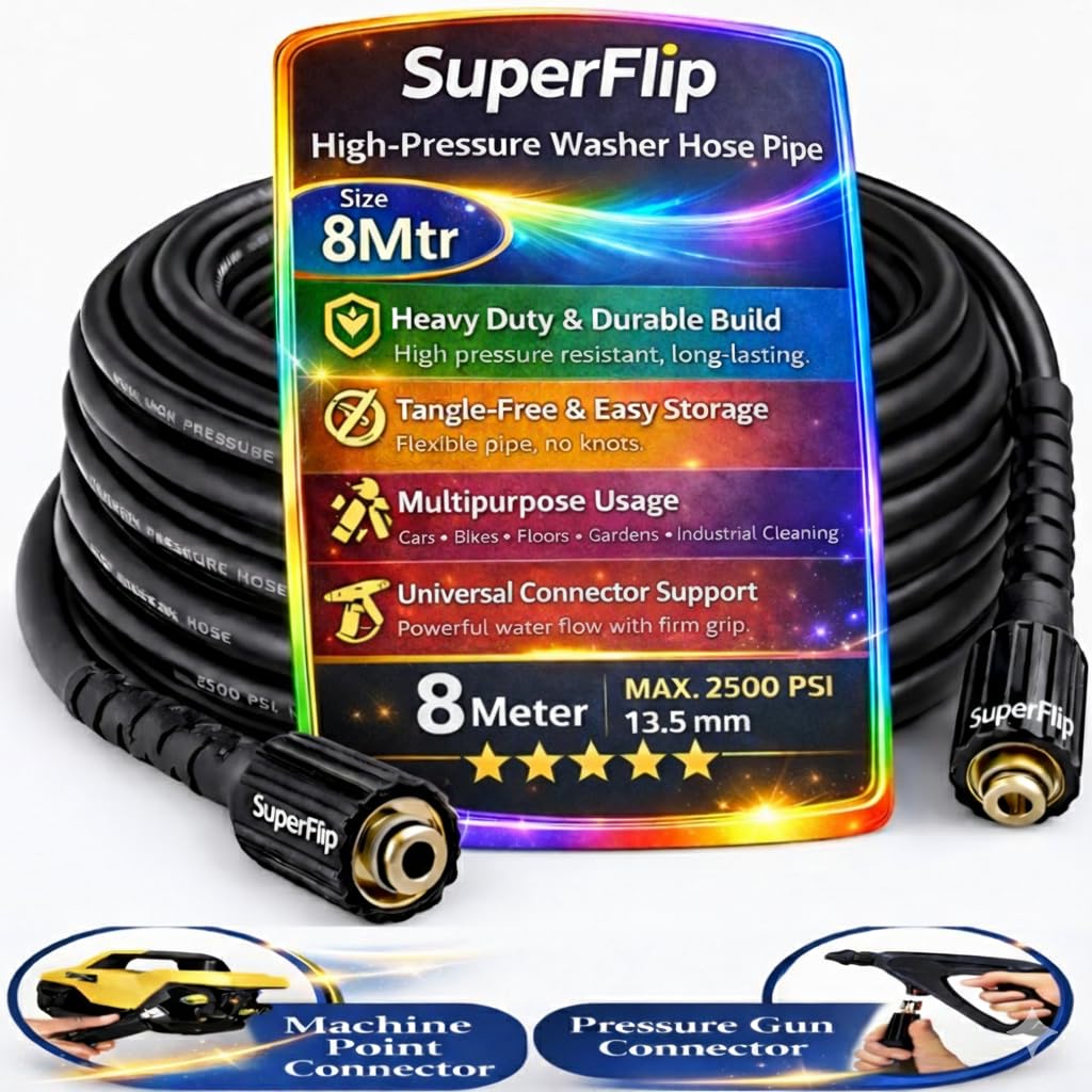 SuperFlip® High Pressure Washer Hose Pipe For High Pressure Heavy Duty Black Molded Steel Pipe Suitable for/Car Washer Pipe/Ac Service Machine/Steel Braided Hose Pipe B (Black Shine 8Mtr)