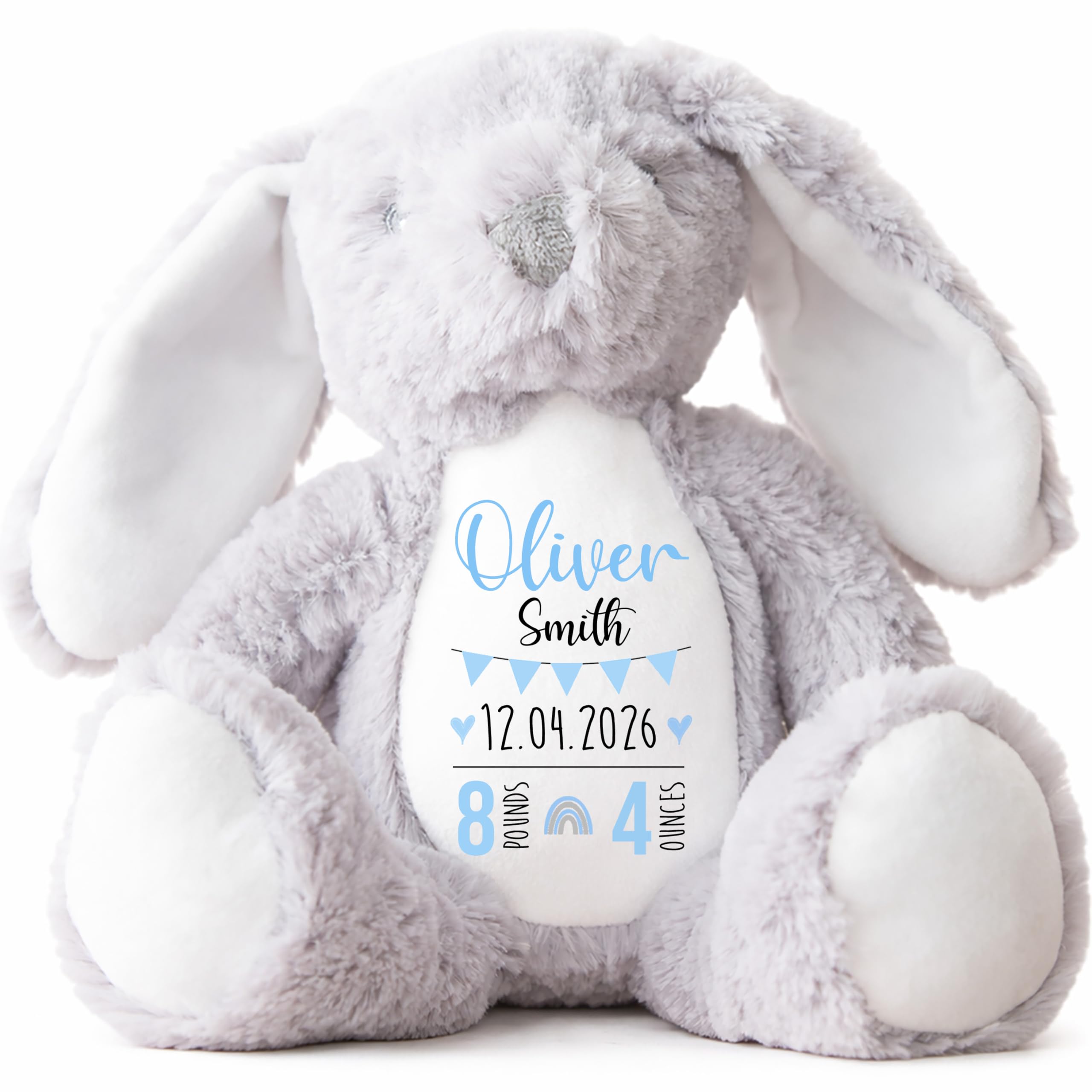 Personalised Teddy, Custom Newborn Teddy | Grey Bunny Rabbit, Baby Announcement Teddy Bear, Personalised Boys Newborn Gift Ornament, Blue Bunting