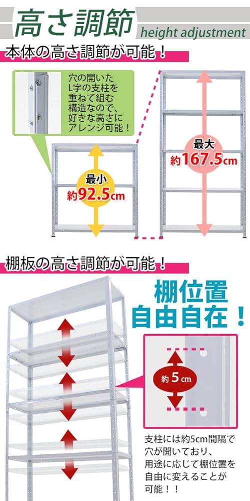Amazon｜5段 スチールラック ホワイト 粉体塗装 約幅87×奥行31