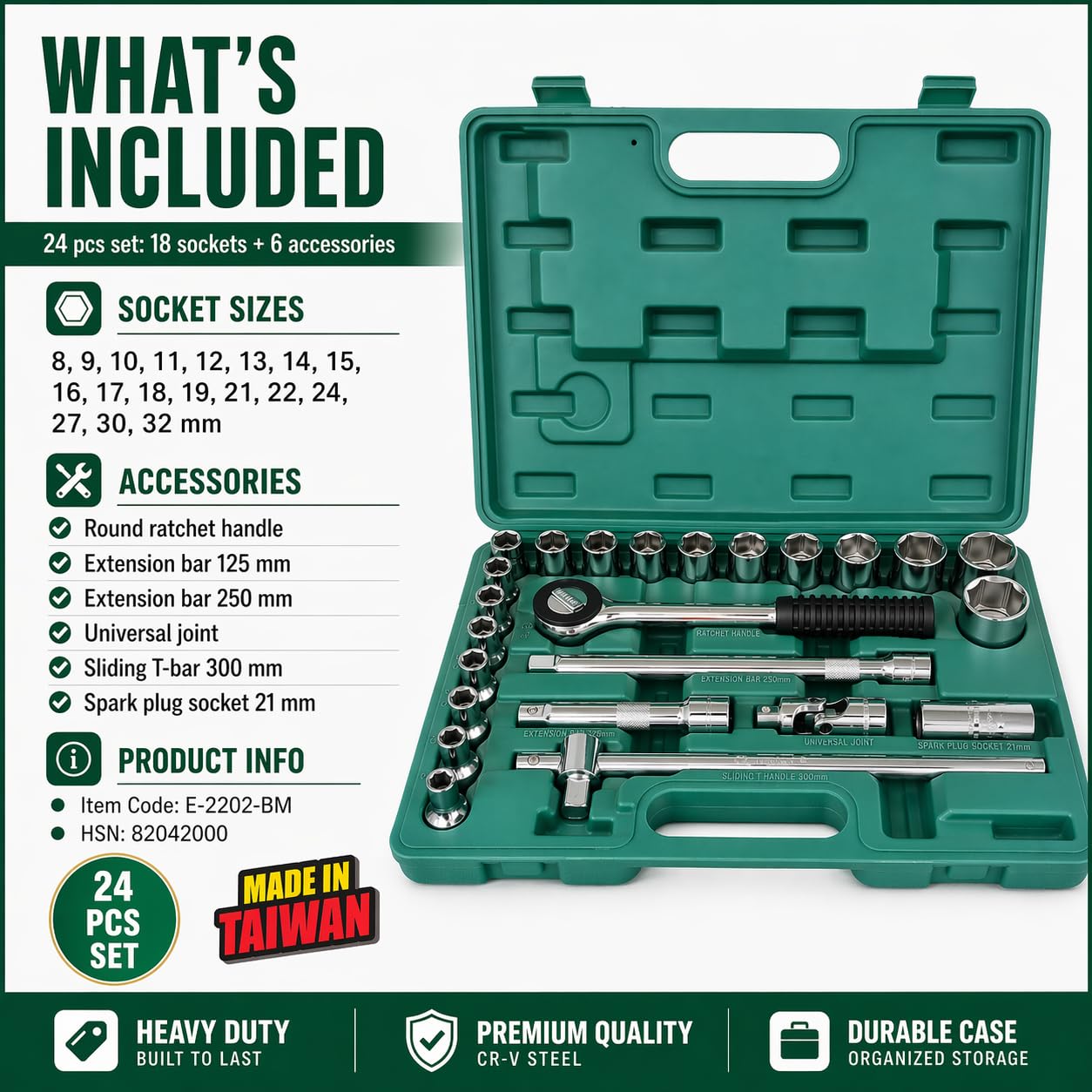 Eastman Sockets Set Of 24 Pcs, (12.7) 1/2 Inch Sq Drive, Bmc Pack, Chrome Vanadium Steel Wrench Set 6Pt (Below Set) Metal Tool Box Socket Spanners (E-2202-624-BM) 2