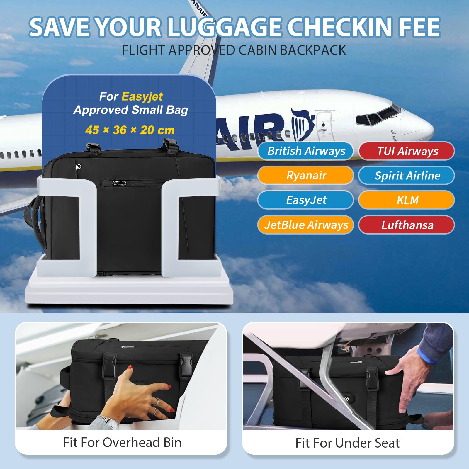 SZLX Borse da Cabina per Easyjet 45x36x20 Zaino da Viaggio aereo Bagaglio a Mano Zaino Ryanair 40x20x25 con porta USB zaino Borsa da Viaggio Impermeabile donna zaino per Computer Casual Daypack