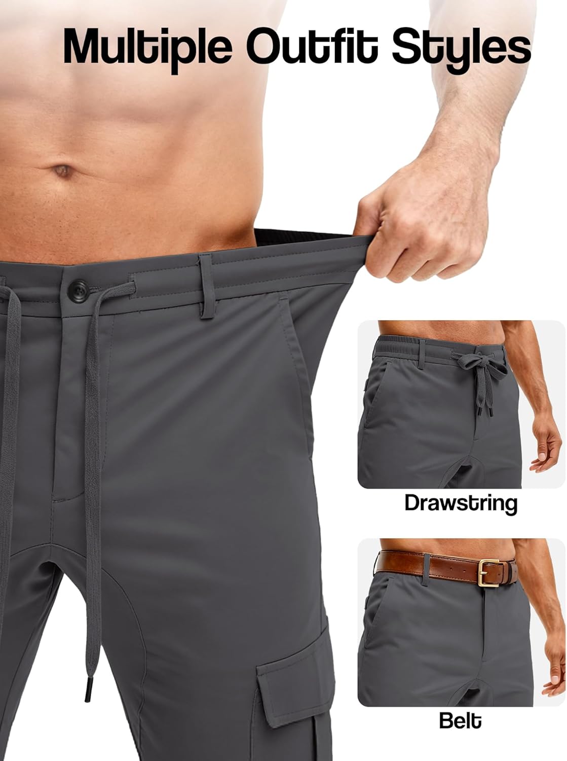 PLEPAN Mens Casual Cargo Joggers Drawstring Elastic Waist Tapered Work Pants Outdoor Hiking Pants with 6 Pockets - Image 4