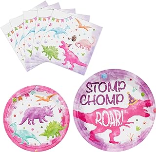 Watercolor Dinosaur Party Plates and Napkins - 48PCS Dinosaur Party Supplies Tableware Kit for Girls Kids Birthday Baby Shower Dinner Dessert Paper Plates Napkins Serves 16 Guests