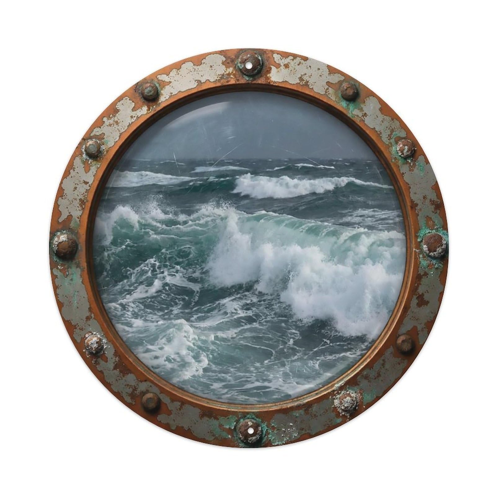 Vintage Porthole Tumbling Waves Nautical Window View Metal Tin Sign