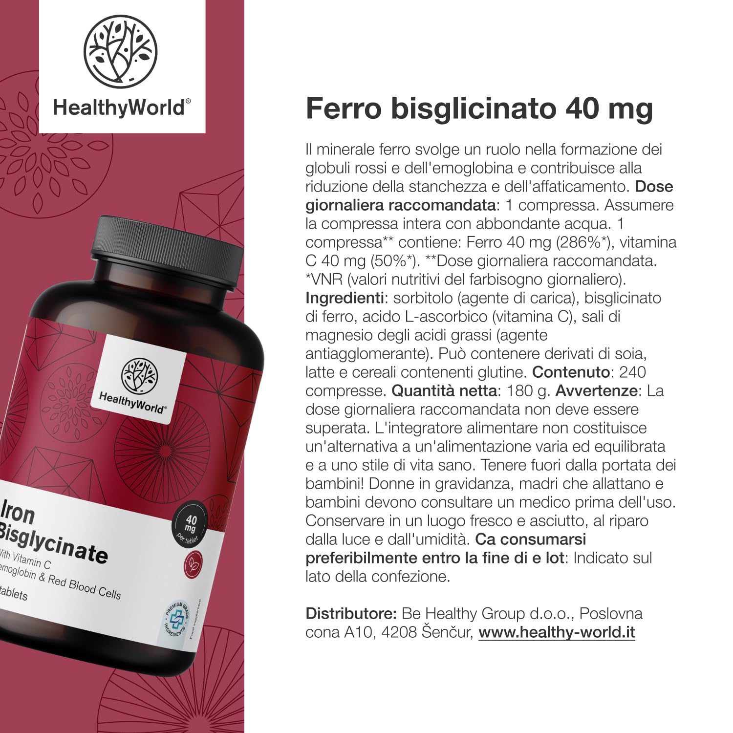 HealthyWorld® Ferro Bisglicinato 40 mg - Con Vitamina C - 240 Compresse - Fornitura per 8 mesi - Senza OGM e senza Coloranti Artificiali - 40 mg di Ferro, 40 mg di Vitamina C - La Massima Qualità