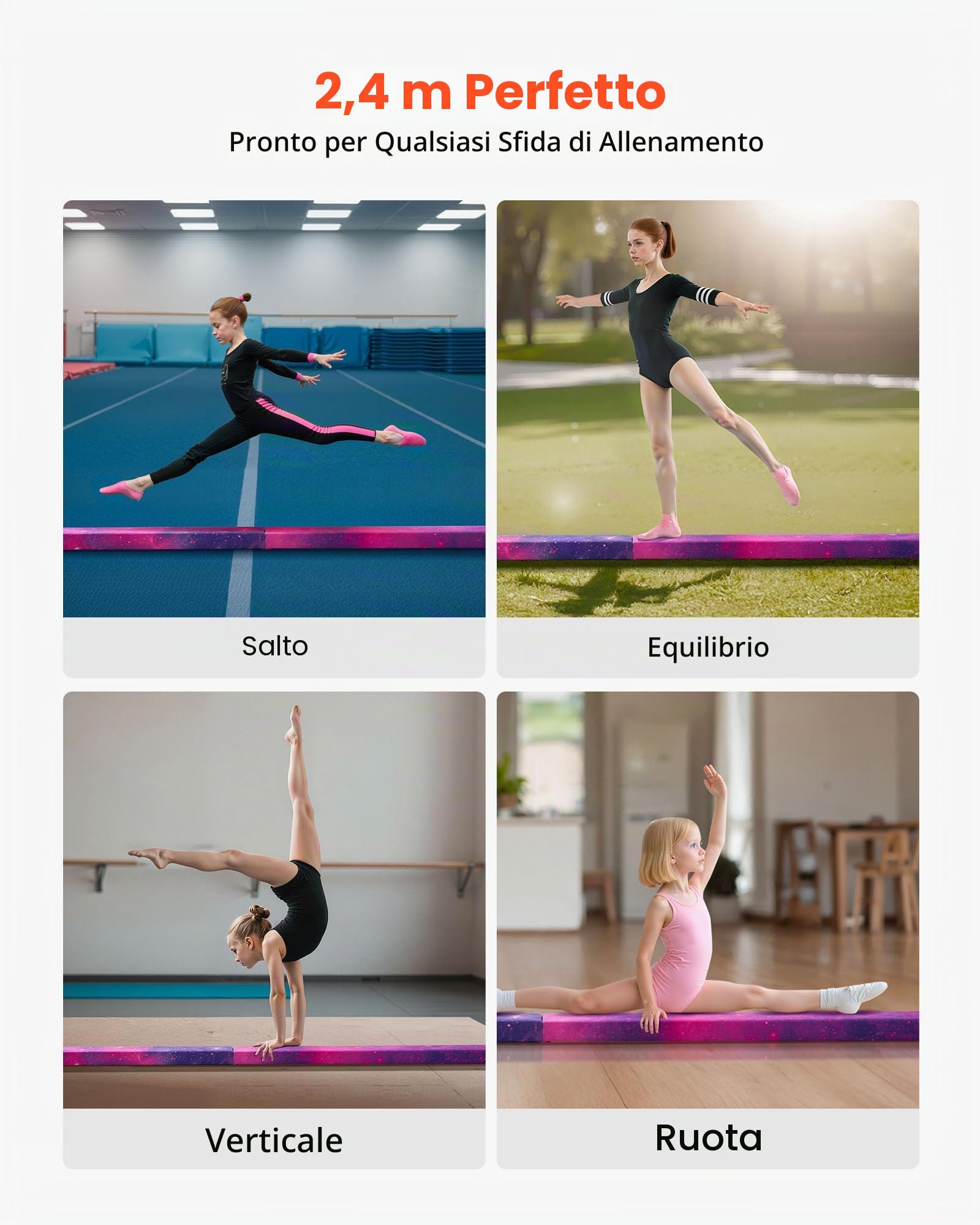 VEVOR Trave di Equilibrio per Ginnastica per Bambini, Pieghevole, 2380 mm, capacità di Carico 136 kg, con Tappetino Antiscivolo, Trave di Equilibrio con Borsa per Il Trasporto in Palestra, Galassia